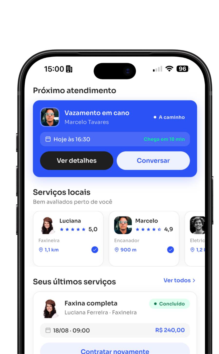 Tela inicial do aplicativo Ajeitaki com o próximo atendimento, serviços locais e últimos serviços